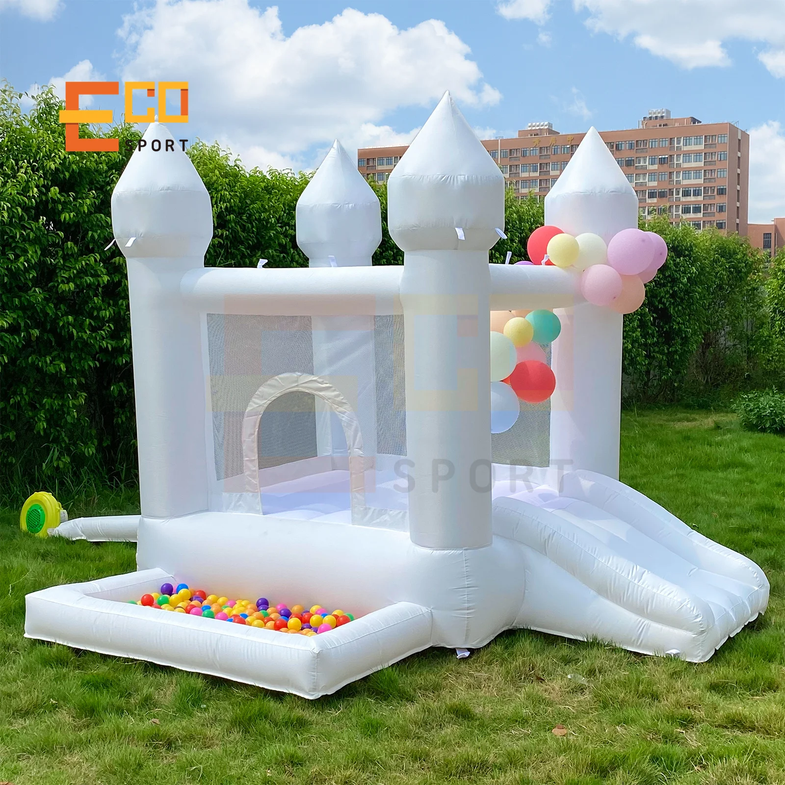 Oxford White Bounce House mit Rutsche und Ball grube für Kinder Soft Play Party Event Vermietung Heimgebrauch mit kostenlosem Versand zur Tür