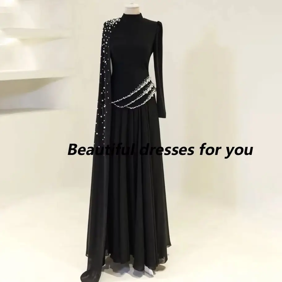 

Black Beading Evening Dress High Neck Long Sleeve Pearls A Line Luxury Party Dresses Long Wedding Guest Gown Customized