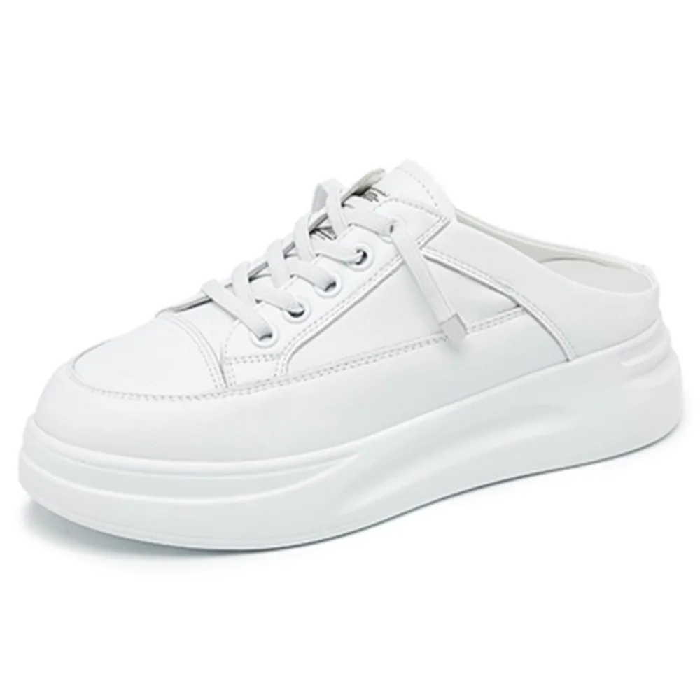 

New Leather White Shoes Women's Half Slippers Casual Women's Shoes Trend Half Tray Breathable Board Shoes Women's Flat Shoe
