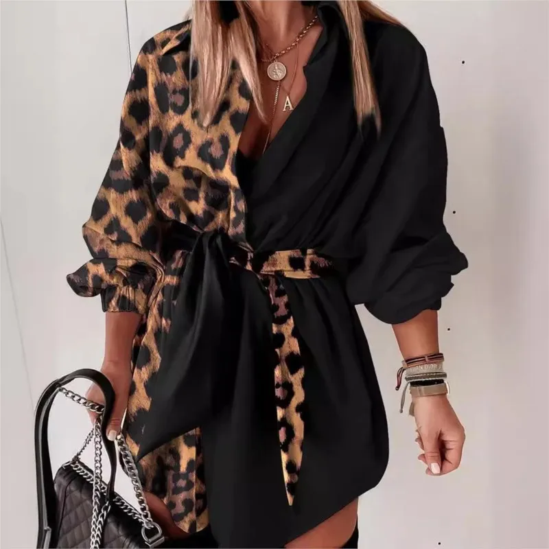 Abiti quotidiani da donna 2024 Primavera Stampa leopardata Manica a lanterna Colletto rovesciato Mini abito camicia a vita alta allentato con cintura