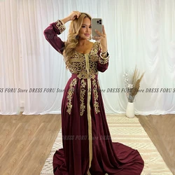 Vintage Evening Dress Gold Applique Long Sleeve Sweep Train Moroccan Kaftan Party Gown For Woman Wear Plus Size Vestido Fiesta