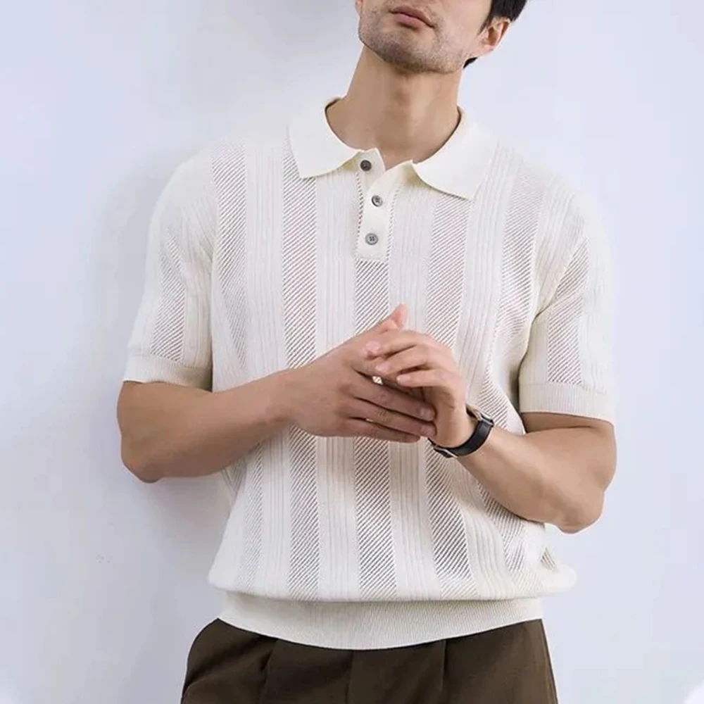 

Men's Solid Color Striped Knitted Short-Sleeved Polo Shirt Retro Fashion Trend Casual Simple Loose Breathable Summer Men's Tops