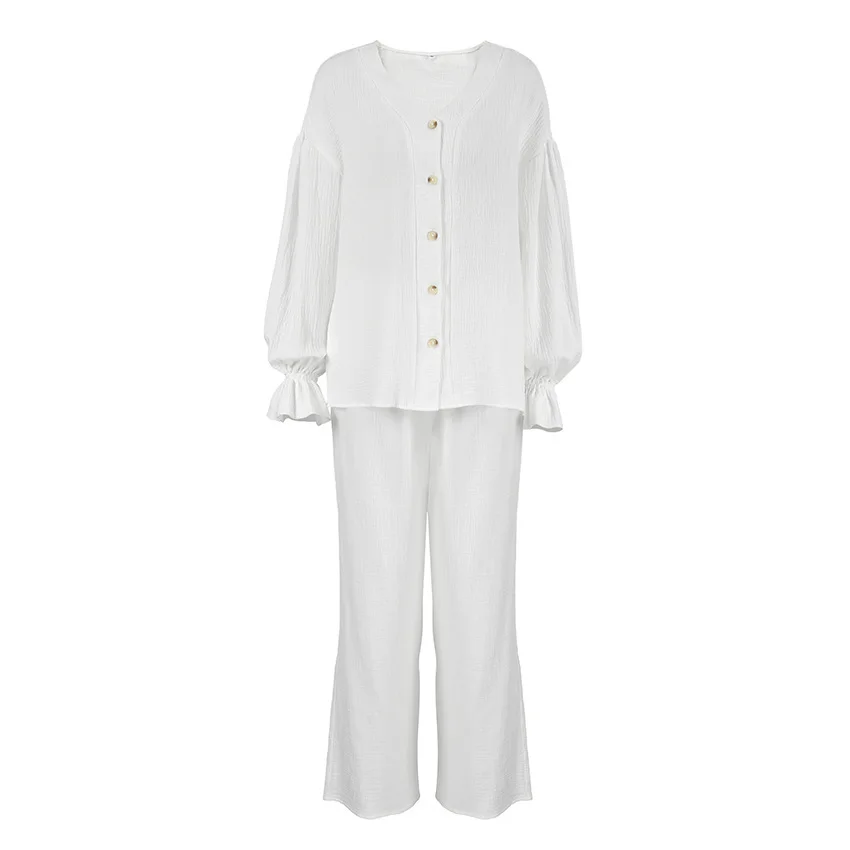 Pajamas Sets Winter Models of Cotton Casual Flared Sleeves Cardigan Long Pants White Two-piece Set of Soft Ladies Loungewear