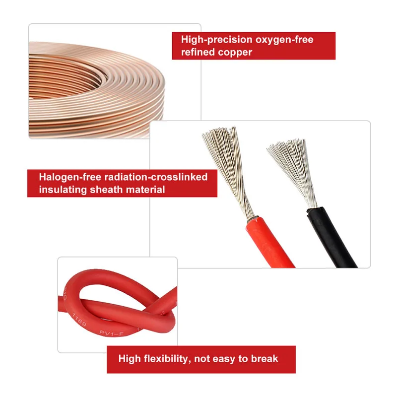 Solar Panel Extension Cable 10/6/4/2.5 mm2 16/14/12/10/8/6AWG Tinned Copper Double Sheath Black Red DC Wire for Solar PV System