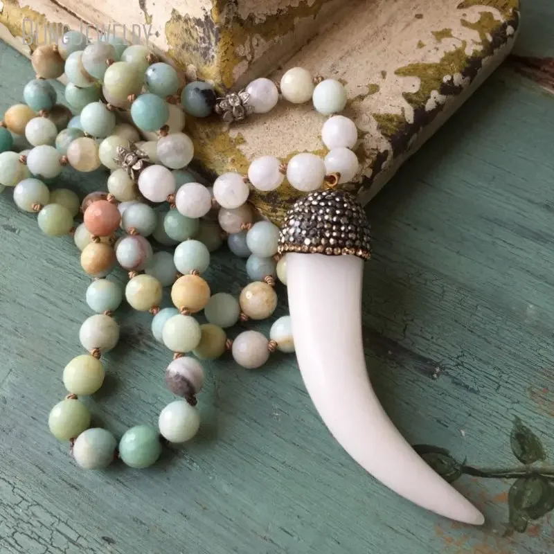 Boho Natural Amazonite Stone Bead Layered Necklace Horn Pendant Jewelry Grunge Women Aesthetic Accessories Halloween Collares