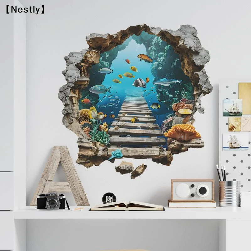 3D Wall Breaking Wall Stickers Living Room Wall Decor Boys Children's Room Underwater World Wall Stickers〔Nest〕