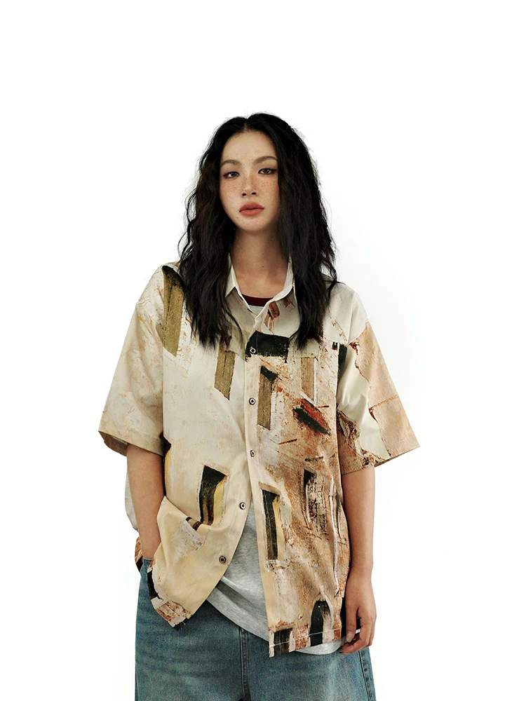 

Guluwo Vintage American Street Style Loose Sleeveless Printed Short Sleeve Shirt Couple Top Polyester Material Summer Collection