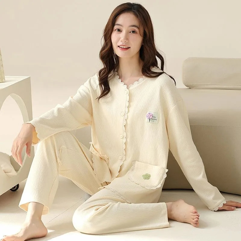 

2024 New Spring Autumn Pajamas Women Cute Long Sleeved Cotton Loungewear V-neck Cardigan Set Homewear Lace Loose Sleepwear