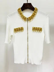 HIGH STREET Newest Fashion 2024 Designer Tops Women's Diamonds Strass Beaded Short Sleeve Zip Thin Cardigan