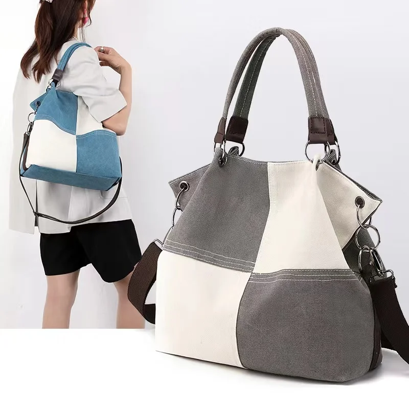 Canvas Women\'s Bag Splicing Tote Bag Large Capacity Handbag Fashion Lady Shoulder Bag Messenger Bag