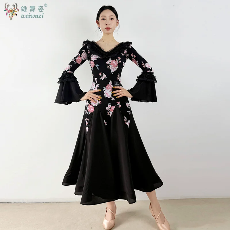 Teenagers Modern Waltz Luxury Long Sleeves Big Swing Dress Women Adult Female Ballroom Foxtrot Tango Professional Dancing Wear