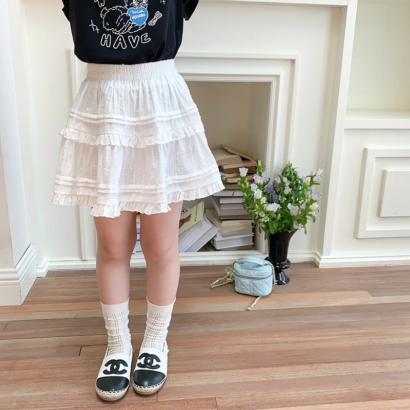 Children Clothing Girls Sweet Lace Skirt 2024 Summer New Fashionable Princess Sweet Cute Girls White Layered Pleated Skirt