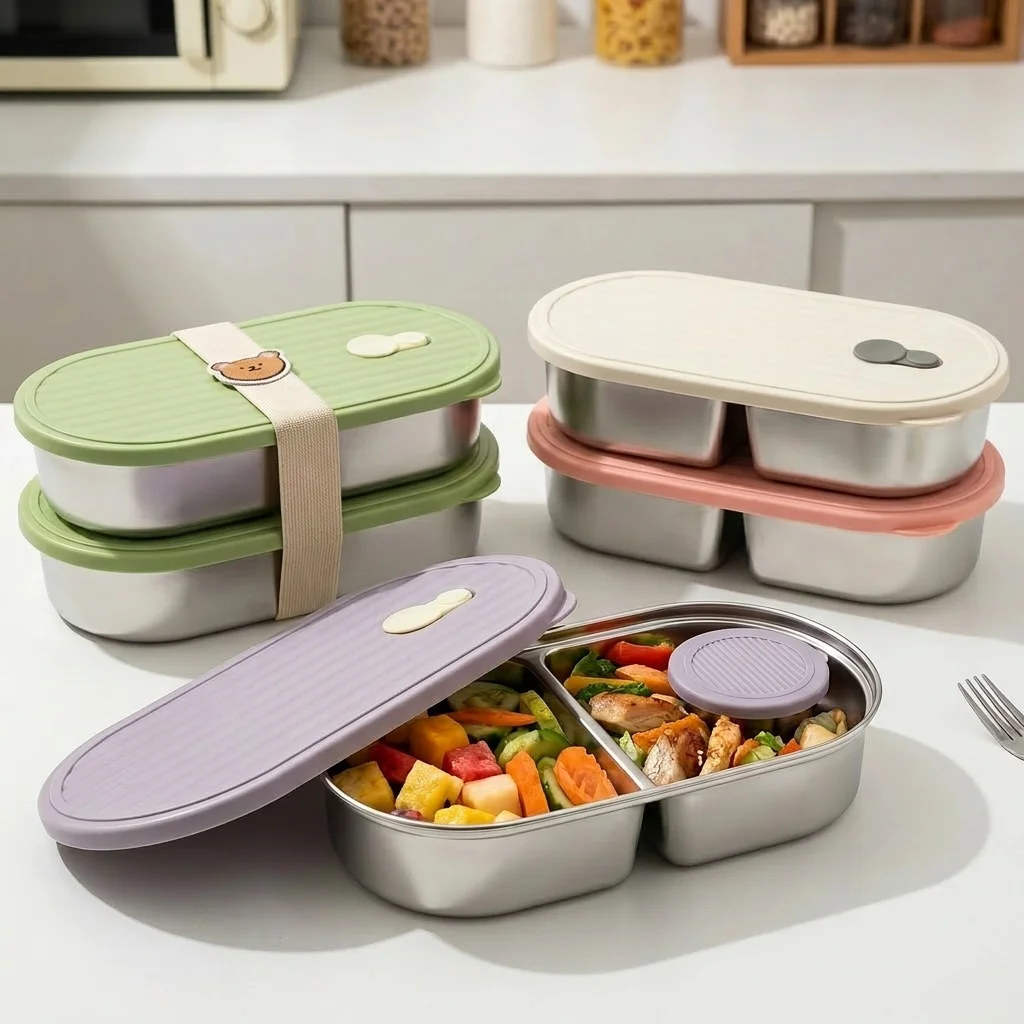 304 Stainless Steel Divided Lunch Container Portable Sealed Lunch Box For Kid Student Oval Food Storage Container With Sauce Box