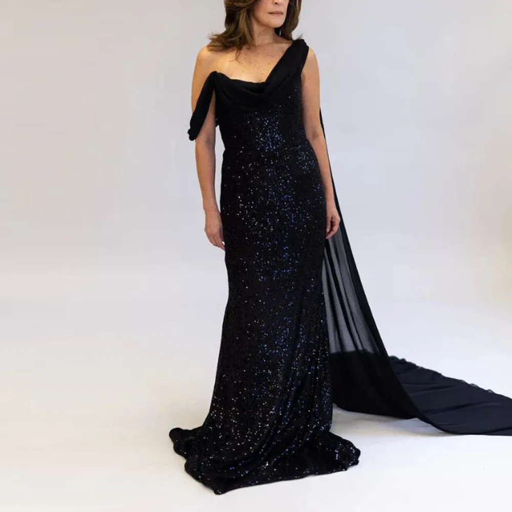 Customized Cap Sleeve Sequin Evening Dresses One Shoulder Mermaid Mother of the Bride Gown Chiffon Train Formal Gown