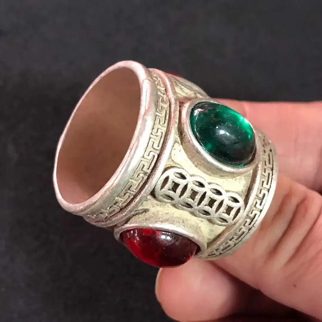 

Antique green jade ring Tibetan silver inlaid men's and women's large green jade ring