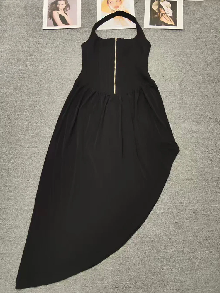 Abito halter senza maniche con spalle scoperte sexy in tinta unita Abito irregolare a pieghe sottile con cerniera moda donna estiva 2025