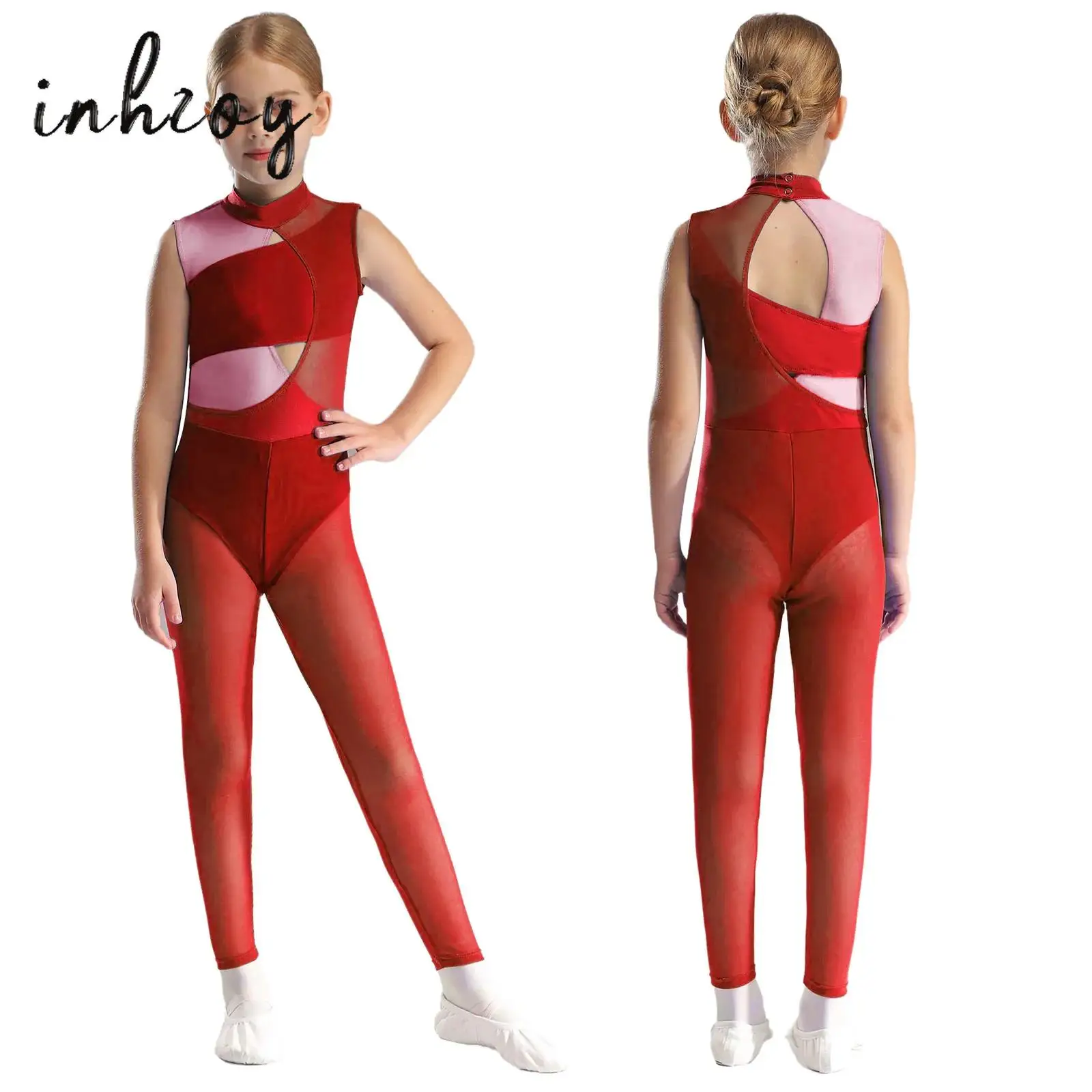 

Girls Teens Ballet Dance Unitard Sheer Mesh Sleeveless Gymnastics Leotard Jumpsuits Dancing Class Practice Training Dancewear