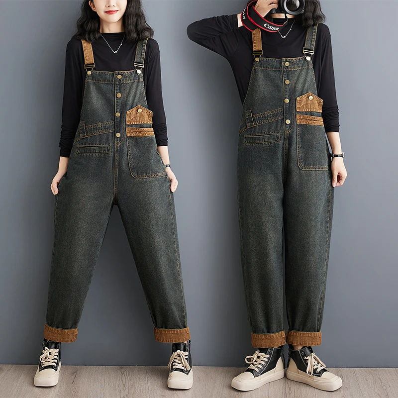 

Retro American Workwear Denim Overalls Women's Autumn plus Size Color Block Patchwork Harlan Pants Age Reduction