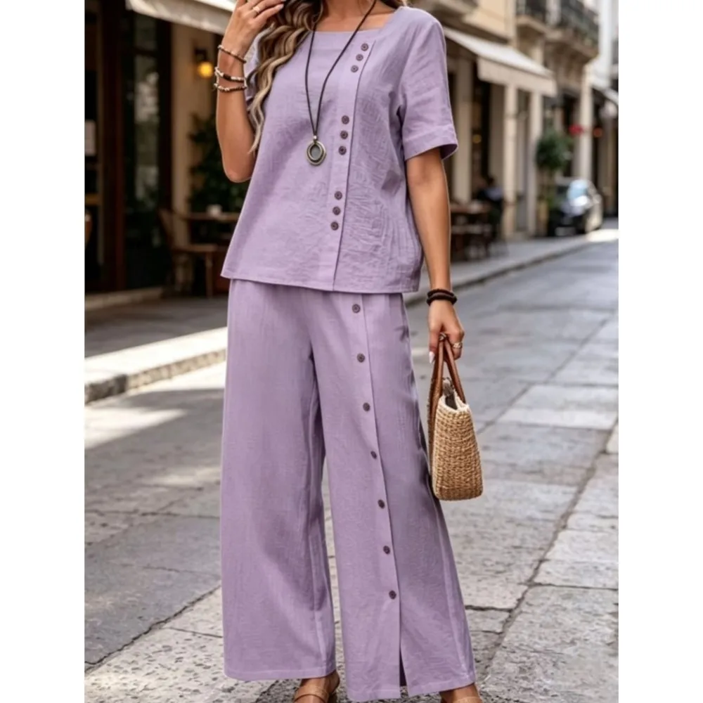 Summer Square Collar Short-sleeved Tops Trousers 2-piece Set Women Fashion Irregular Slit Buttons Wide-leg Trousers Female Suit