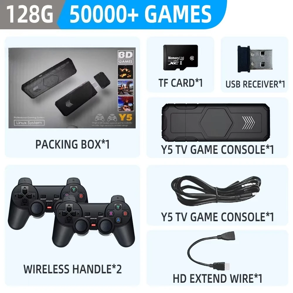 NEW Y5 Retro TV Game Stick 2.4G Wireless Controller 4K HD Video Game Console Support Multiplayer PS1 Family Portable