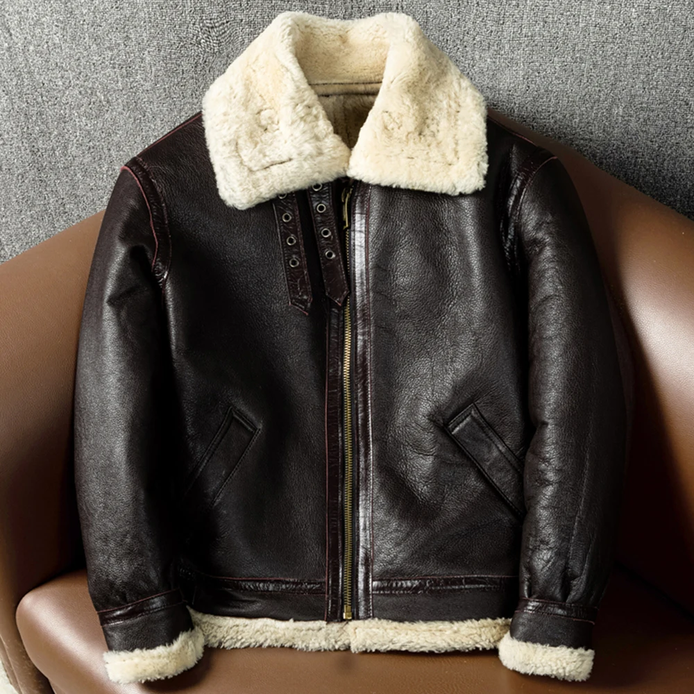 Russian Winter Warm Shearling Jacket Man Thick Warm Original Sheepskin Fur Lined B3 Coat For Man European and American Style