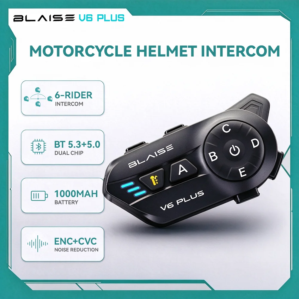 BLAISE Motorcycle Helmet Bluetooth Headset,6-Rider Intercom,Music Sharing,ENC+CVC Dual Noise Cancellation,40mm HD Speakers,IP66