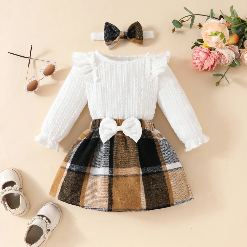 Fashion Baby Girls Fall Winter Outfit Long Sleeve Ribbed Romper Plaid Print Skirt Headband 3 Piece Warm Baby's Clothes Set