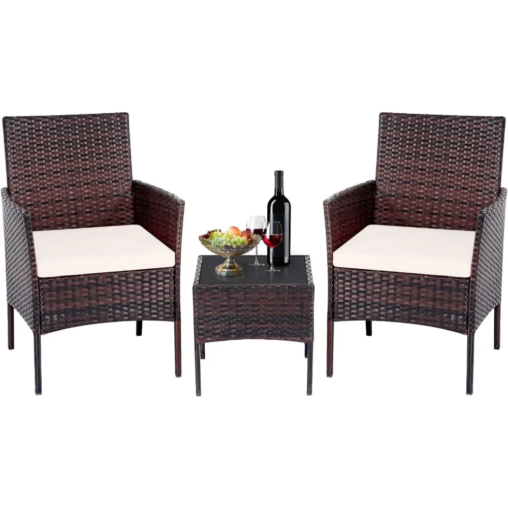 

Patio Set 3 Piece Outdoor Rattan Porch Furniture with Tempered Glass Side Table & Cushion All Weather Conversation Bistro Set