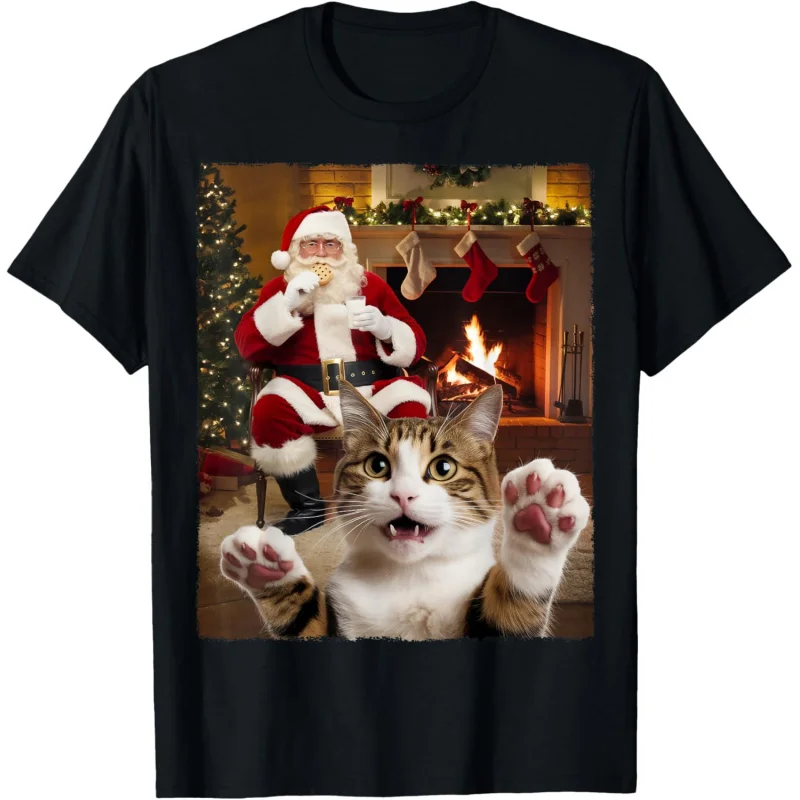 Christmas Cat Selfie with Santa Claus Gifts For Men Women Funny T-Shirt