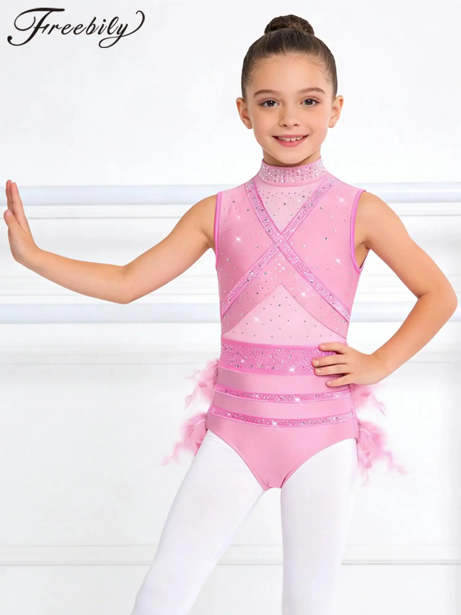 

Детские комбинезоны для балета и танцев для девочек, с блестками и стразами, без рукавов, с перьями, блестящий костюм для латиноамериканских танцев и гимнастики