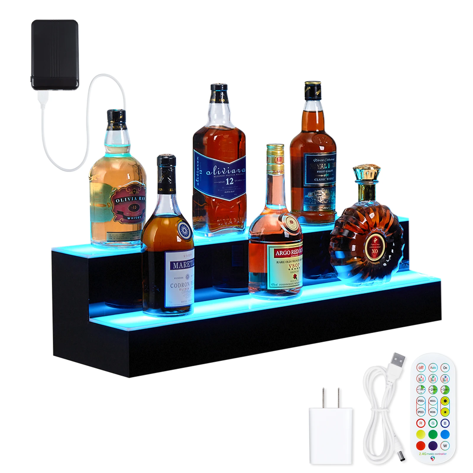 Led Lighted Liquor Bottle Shelf, 2 Tiers Led Bar Display Shelf with Remote & App Control, 16 Colors, 4 Modes,Timing, Bar Lights