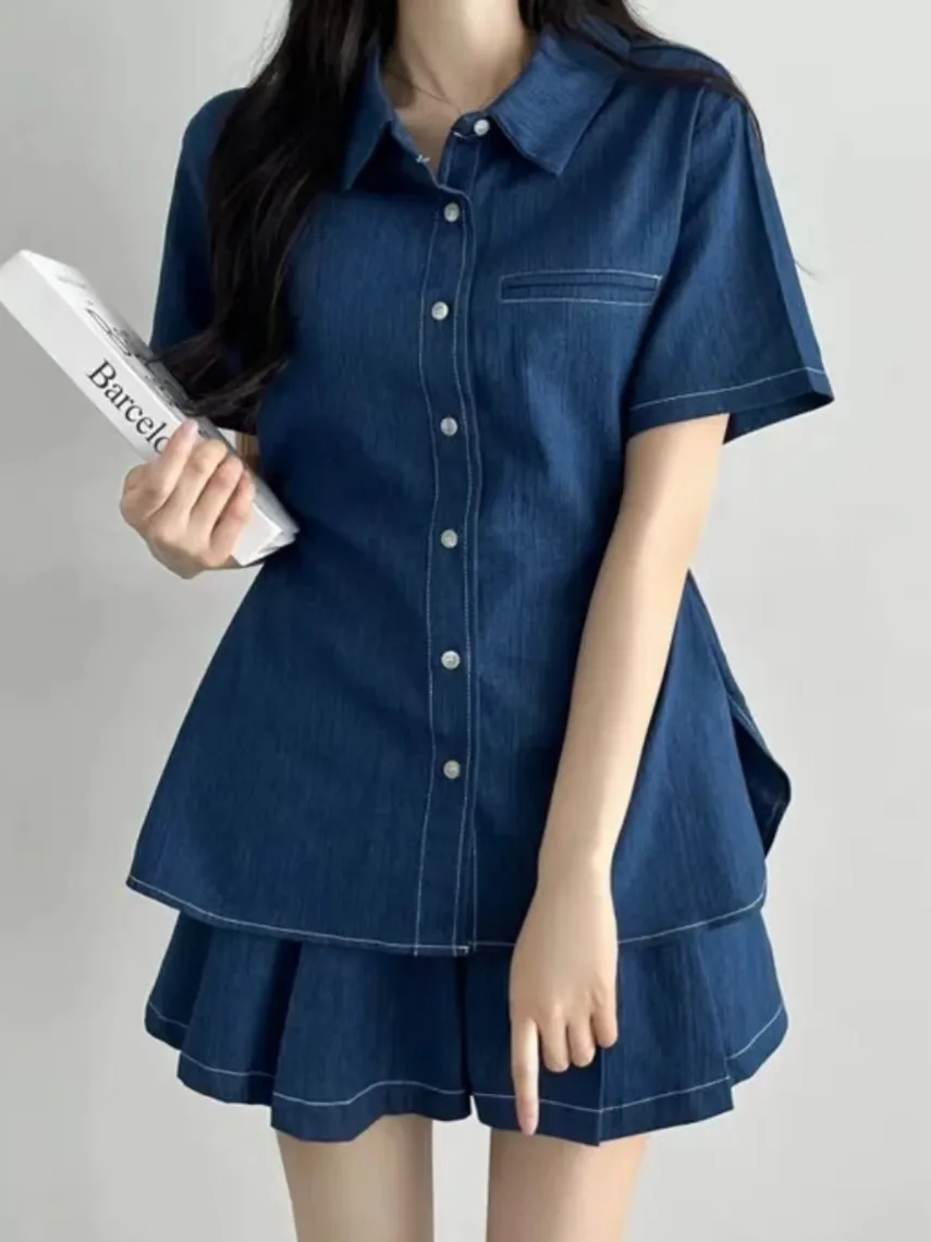 

Шикарный летний женский комплект ort Sve Denim irt, повседневный комплект с юбкой, универсальный хлопковый воротник, комплект из двух предметов на пуговицах