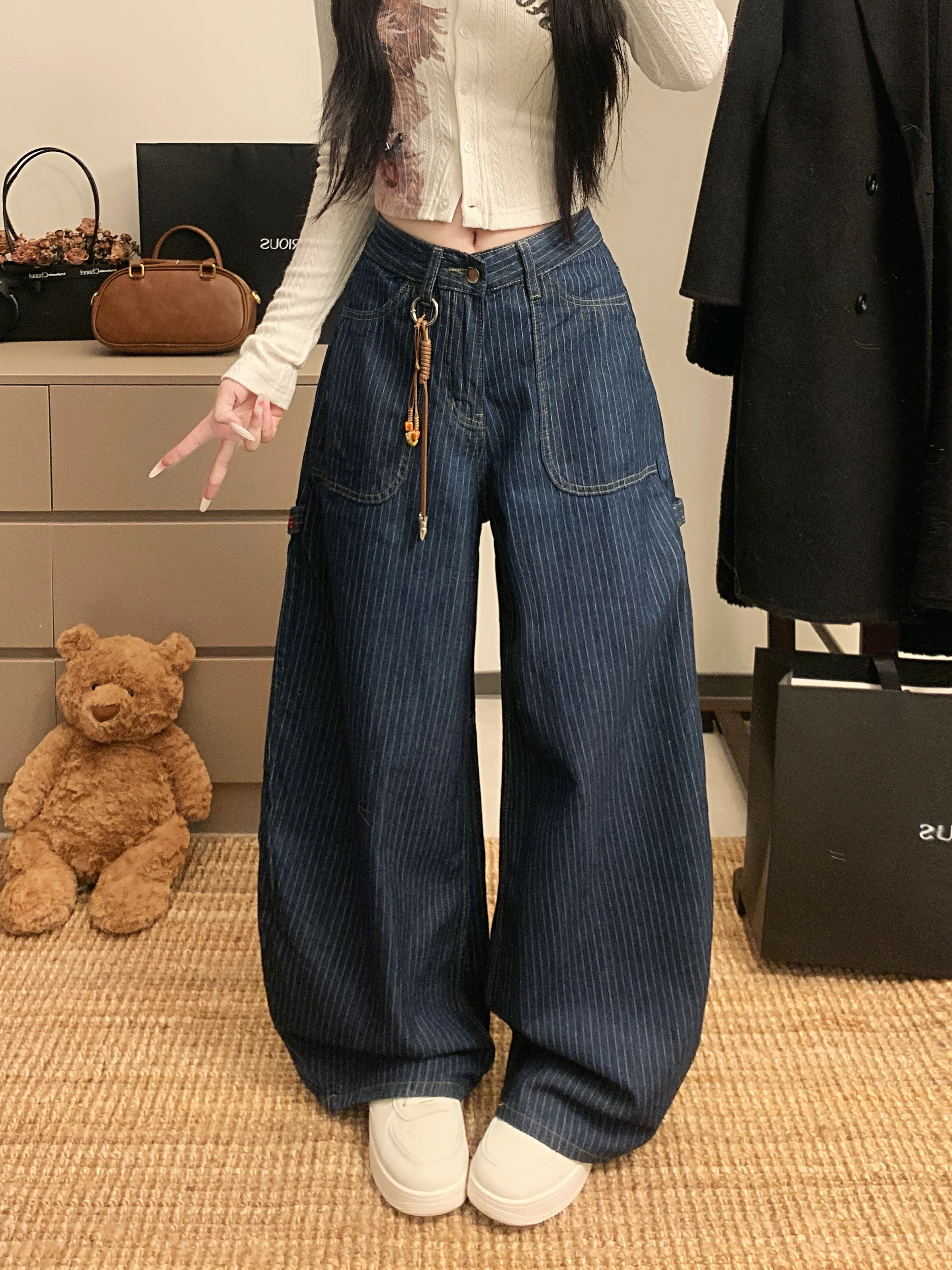 

Женские повседневные джинсы-карго в синюю полоску, мешковатые Y2K, американская уличная мода, джинсы с широкими штанинами в стиле ретро 2000-х годов, длинные брюки, одежда 2025