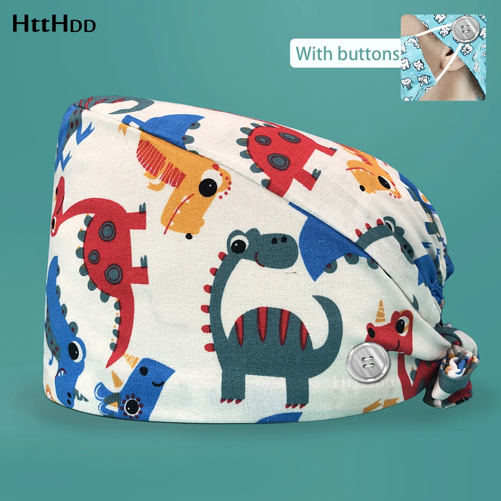 

Unisex Scrubs Cap with Buttons Cotton Dinosaur Printed Scrub Caps Nurse Uniform Accessories Pet Shop Chef Lab Work Surgicals Hat