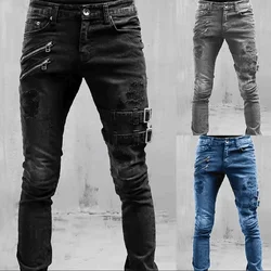 Pantalones vaqueros de cintura alta para hombre, ropa de calle de motocicleta, ajustados, informales, rectos, primavera y verano