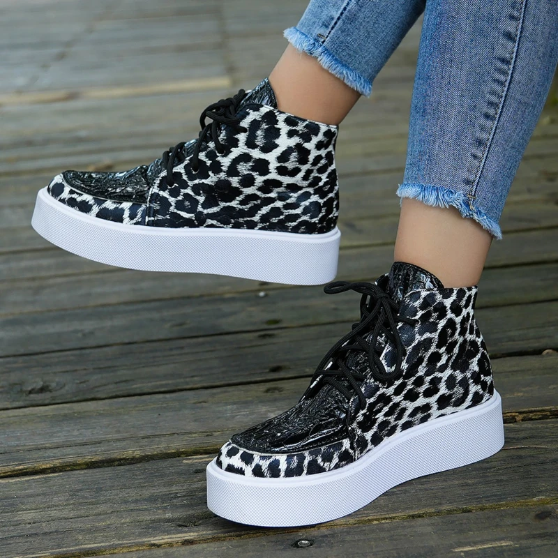 2024 women's leopard print vulcanized shoes walking sneakers girls thick-soled flat shoescasual fashion comfortable joggingshoes