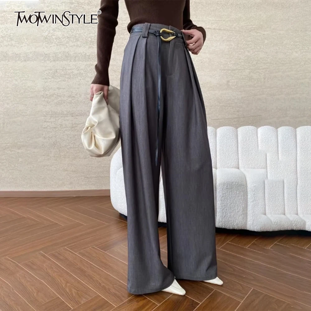 

TWOTWINSTYLE Solid Spliced Lace Up Pant for Women High Waist Temperament Wide Leg Pant Female Fashion Style New