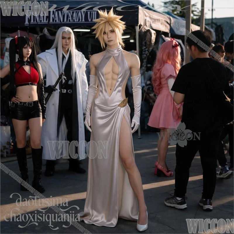 FF7 Cosplay Cloud High Slit Wedding Dress Gown Evening Dress Gloves Classic Lolita With Wig Halloween Festival Fancy Comic Con