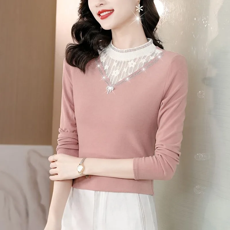 

Плюшевая средняя водолазка, кружевной женский топ с длинными рукавами