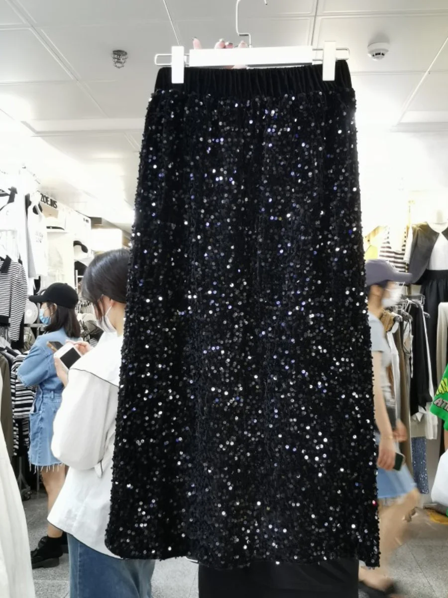 Industry Glitter Heavy Velvet 2023 Early Autumn New Elastic High Waist Temperament Slimming Black Sequins Mid-Length Skirt