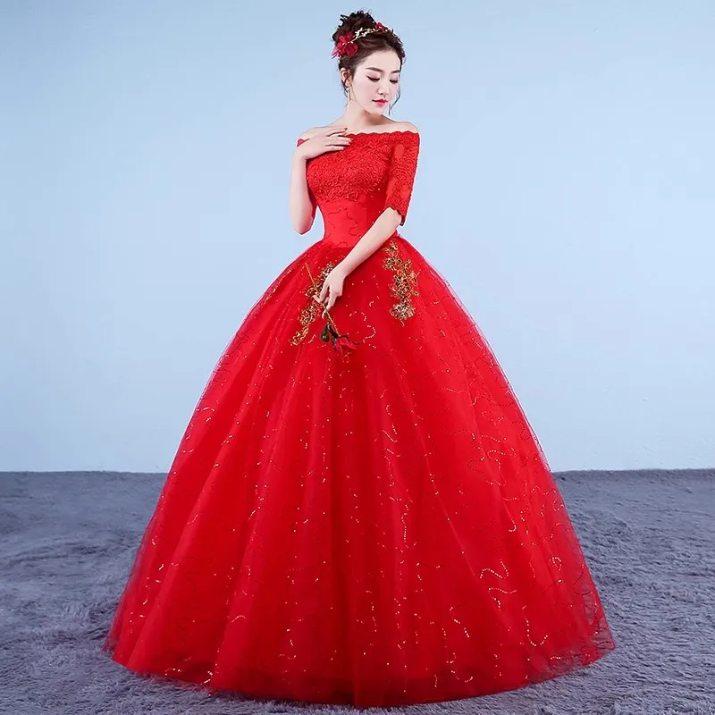 È yiya abito da sposa rosso semplice Appliques al largo della spalla mezza manica Bling principessa lunghezza del pavimento Plus size abito da ballo da sposa