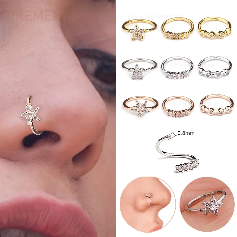 Anneaux de nez en zircone cubique pour femmes, 1 pièce, cerceau de fleur pliable, Tragus, oreille, Cartilage, boucle d'oreille, bijoux de perçage du nez