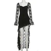 Goth Dark Fairycore Lace Flare Sleeve Square Neck A-line Dress Sweet E-girl Irregular Long Hem Dresses Cyber Y2K Party Vestido - Image 6