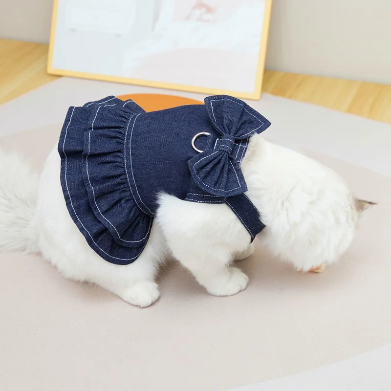 Pet Denim Dress Spring Summer Dog Dress Puppy Girl Clothes Cute Bow-Knot Dog Skirt French Bulldog Jeans for Small Medium Dog Cat