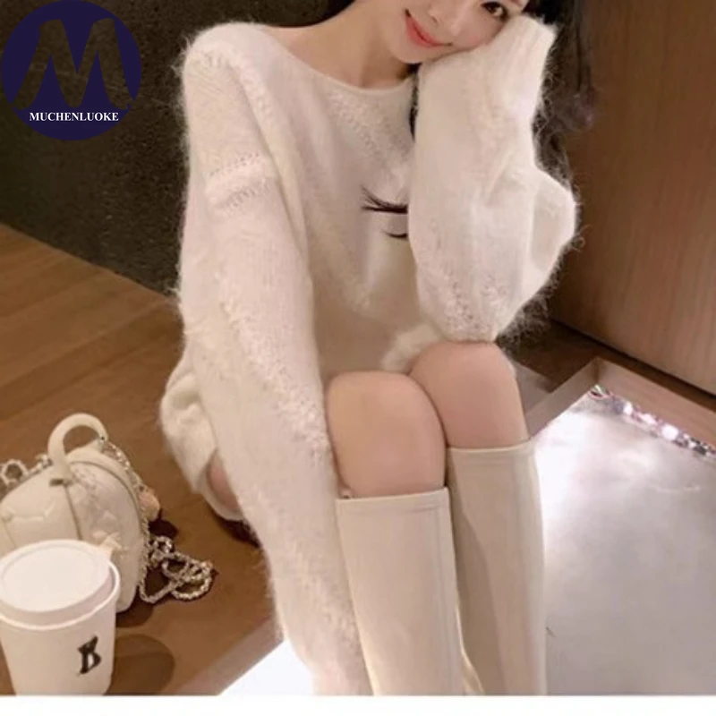 أنيقة طويلة الأكمام س الرقبة محبوك سترة للنساء الكورية أزياء عارضة فضفاضة سميكة الدافئة الخريف الشتاء السترة