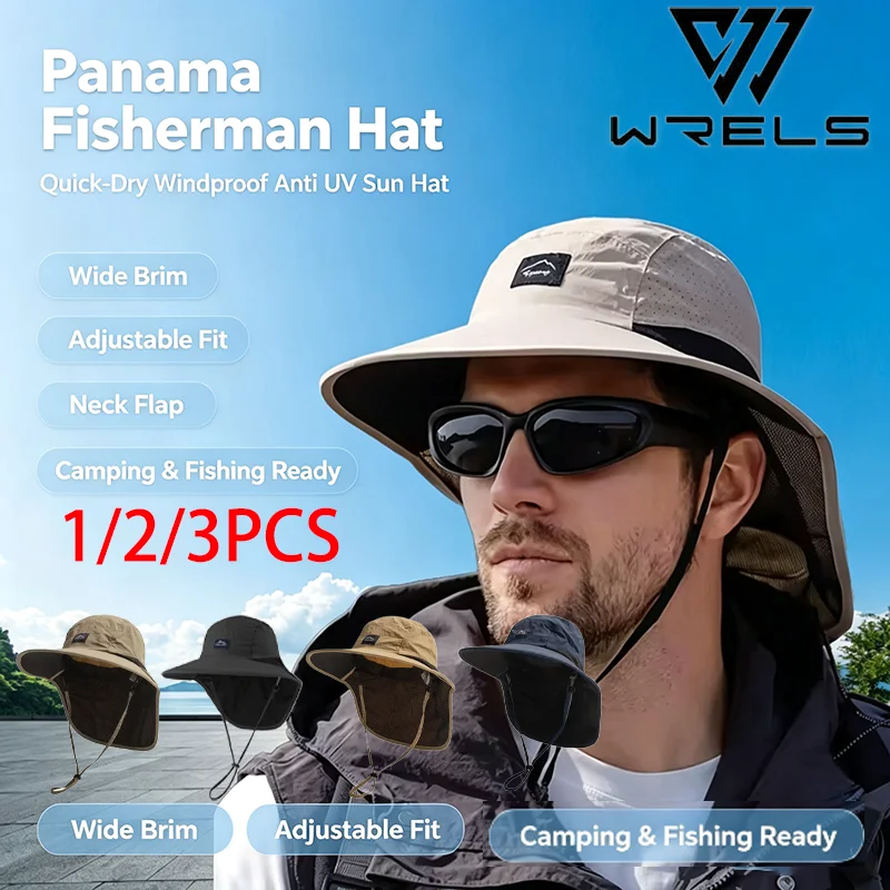 1/2/3PCS Panama Fisherman Hat Shawl Quick-Dry Windproof Anti UV Camping Cap Wide Brim Adjustable Fishing Sun Hat with Neck Flap