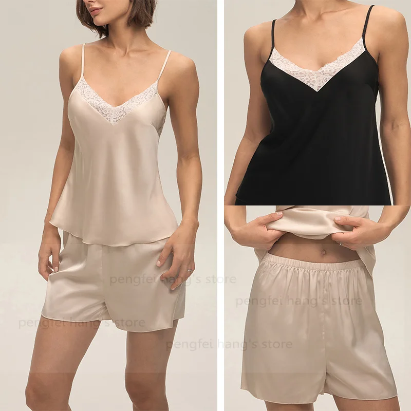 

Модная одежда для сна с кружевной отделкой, женский сексуальный пижамный костюм, нижнее белье из ледяного шелка, пижама без рукавов Mujer, шорты с эластичной резинкой на талии, костюм