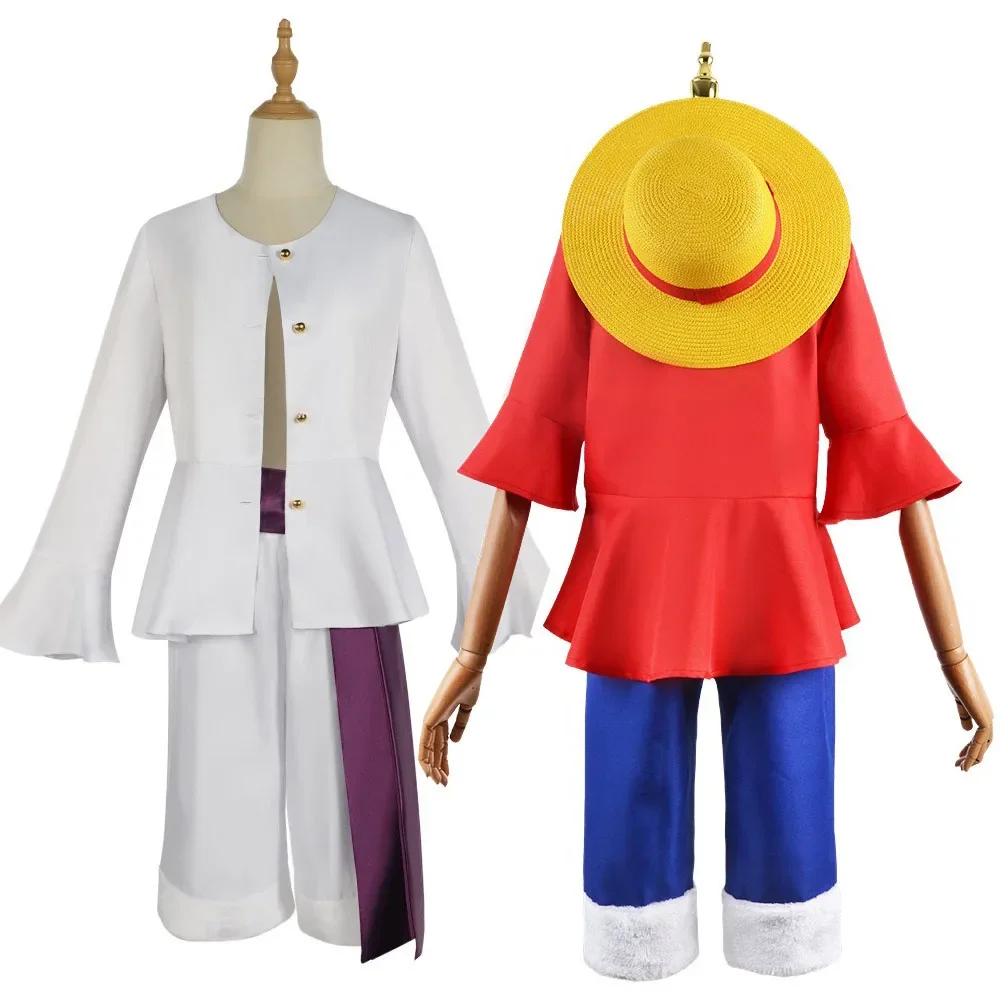 

Anime Monkey D Luffy Cosplay Costume Adult Red Uniform Suit Nika Luffy Role Play White Shirt Pants Full Set Kids Halloween Party