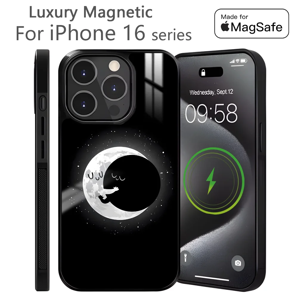 Embrace minimalist moon love Phone Case For iPhone 16 15 14 13 12 11 Pro Max Plus Mini Magnetic Magsafe Wireless Charging Cover