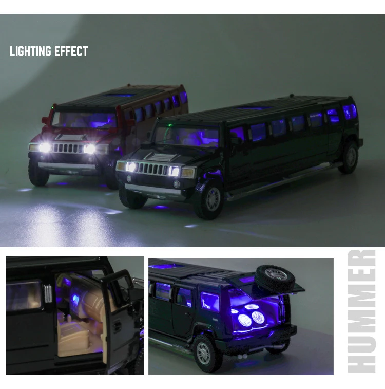 1:32 Diecast Hummer Lengthen Limousine Metal Alloy Car Model Pull Back Flashing Musical High Simulation Kids Toy Vehicles Gift